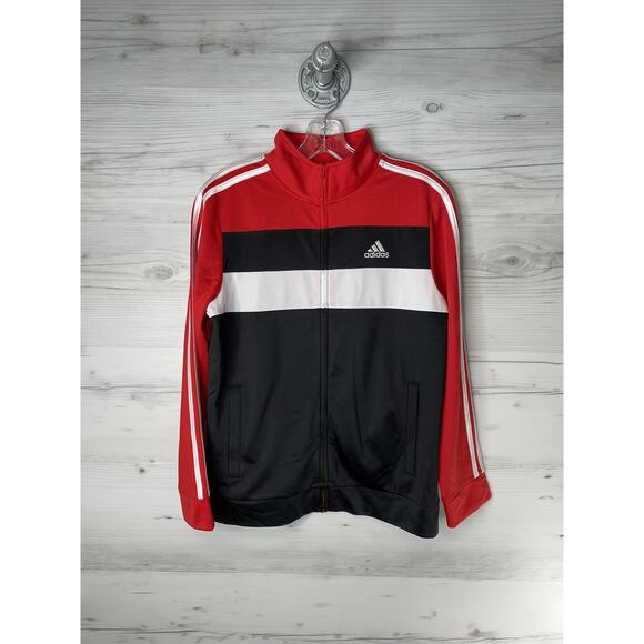 Adidas Track Jacket Youth Large 14/16 Red Black White 3-Stripes Full Zip Pockets - Picture 1 of 12